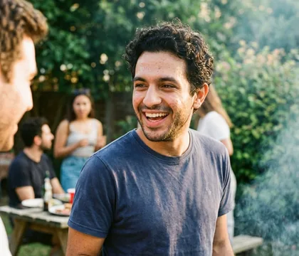 AI dating profile photo: laughing at a barbecue with friends