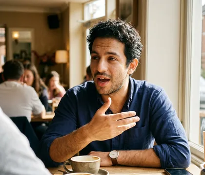 AI dating profile photo: mid-conversation at a cafe table