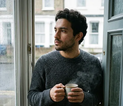AI dating profile photo: in a doorway with morning coffee