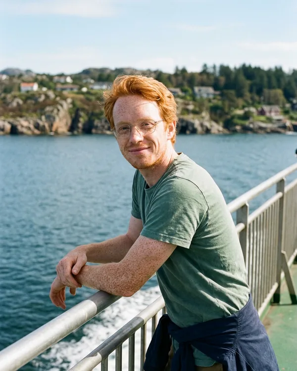 AI dating profile photo: leaning on a ferry railing by the coast