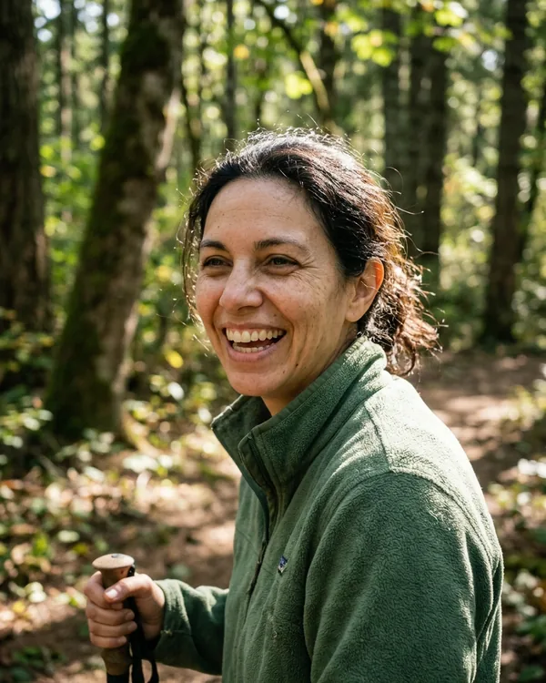 AI dating profile photo: headshot on a forest trail in dappled light