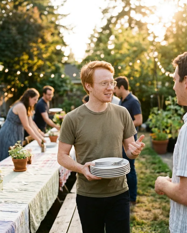 AI dating profile photo: carrying plates at a garden party