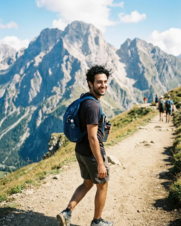 AI dating profile photo: hiking a trail with a backpack