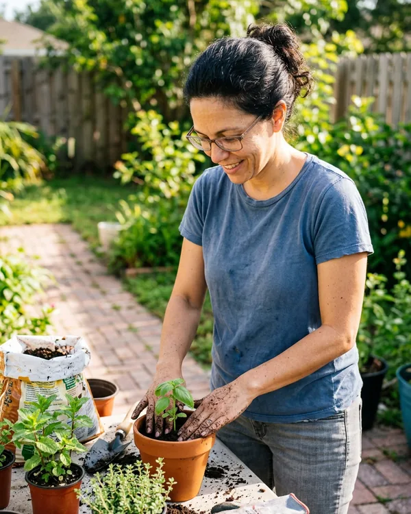 AI dating profile photo: repotting herbs at a garden table