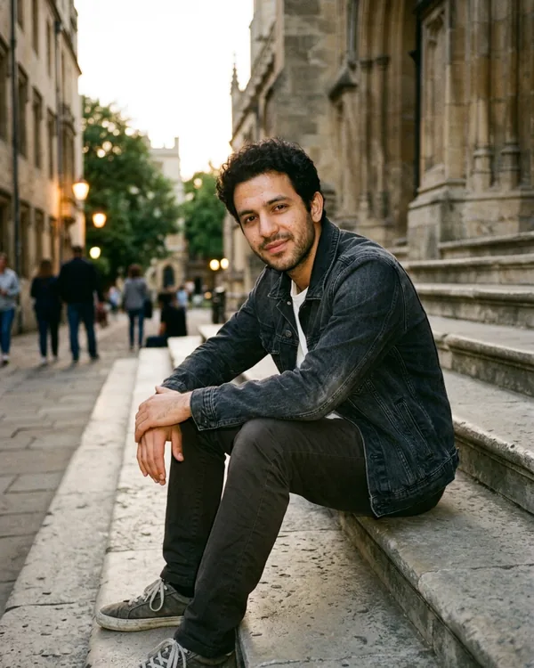 AI dating profile photo: full-body shot sitting on stone steps