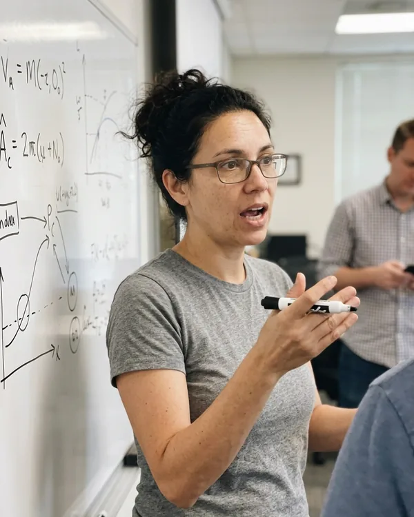 AI dating profile photo: mid-explanation at a whiteboard